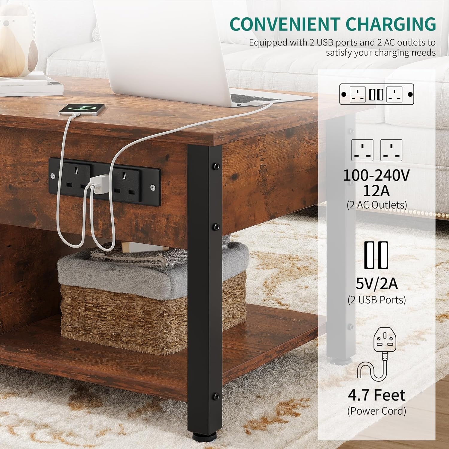Lift-Top Coffee Table with Hidden Storage & LED Lights, Power Outlets