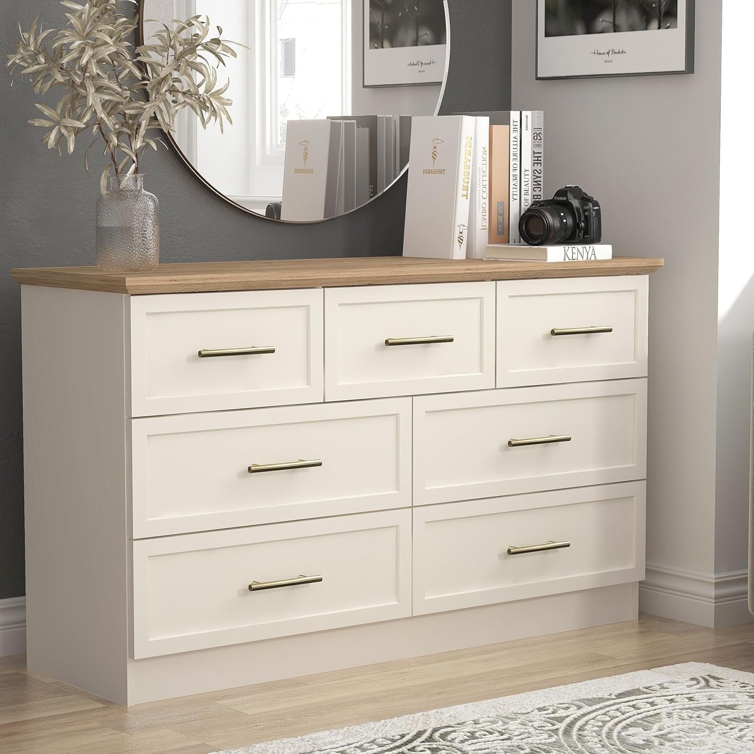 7-Drawer Storage Chest for Bedroom & Hallway – Modern Ivory & Oak Cabinet
