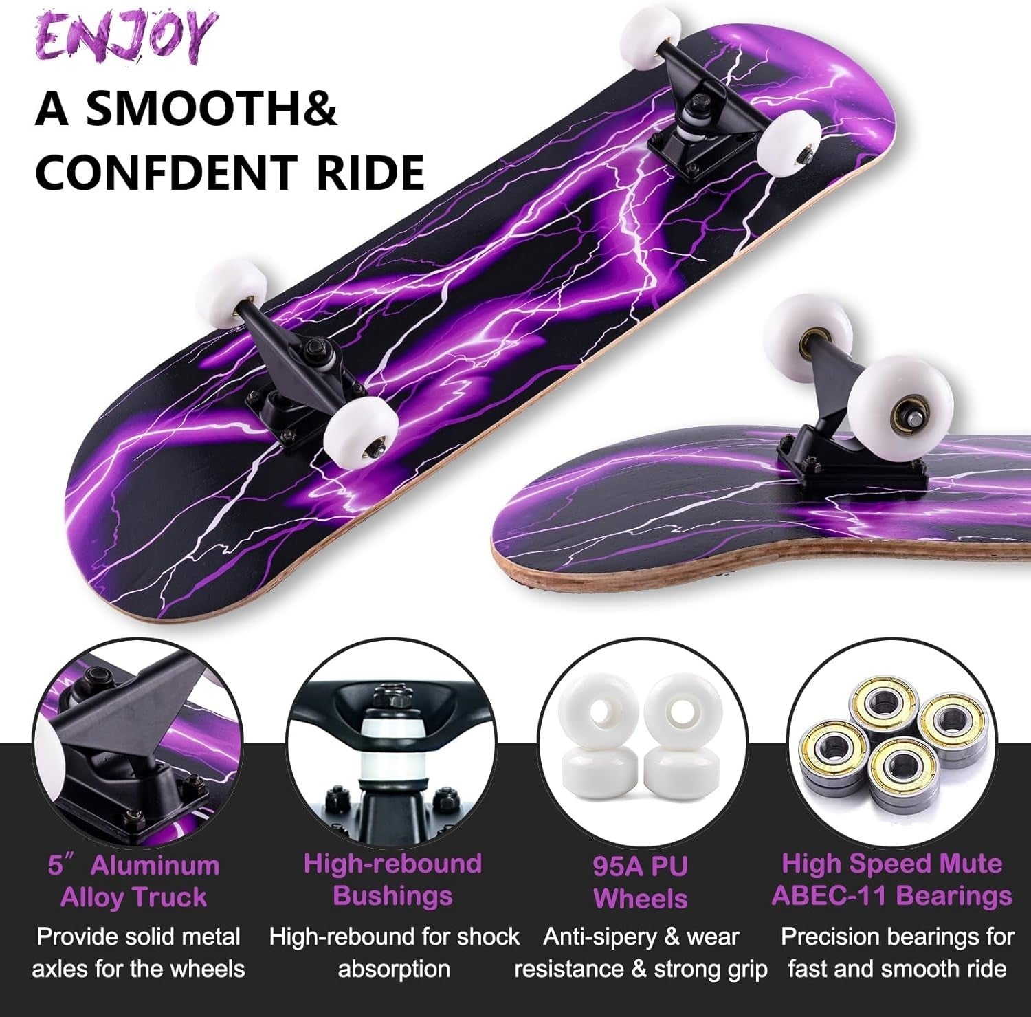 31 Inch Complete Skateboard Maple Deck Double Kick Kids Teens Adult Beginner