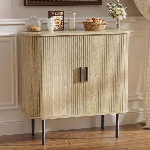Natural Wood Sideboard Buffet Cabinet with Sliding Tambour Doors 80cm