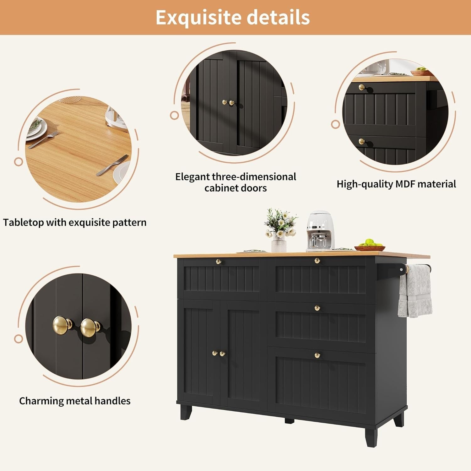 Rolling Kitchen Island with Foldable Worktop, Wine Rack & Spacious Storage
