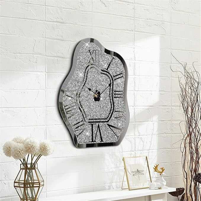 Irregular Crushed Diamond Mirror Wall Clock Silver Crystal Sparkle 40cm Decor