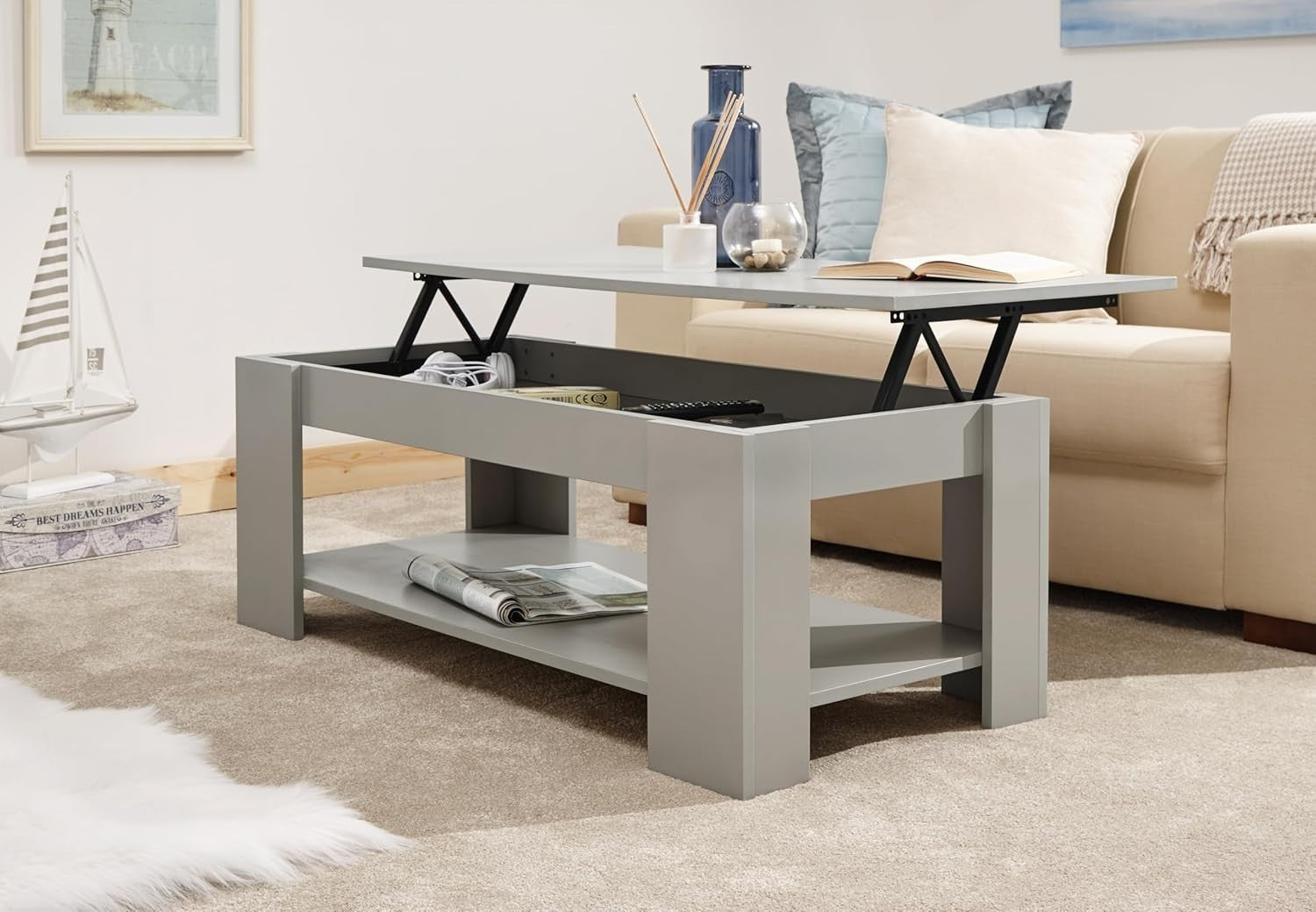 Modern Lift Top Coffee Table with Hidden Storage & Display Shelf – Grey