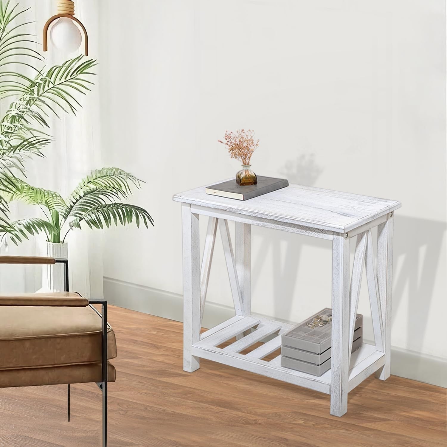 Slim Farmhouse End Table with Storage Shelf, Rustic White, Space-Saving