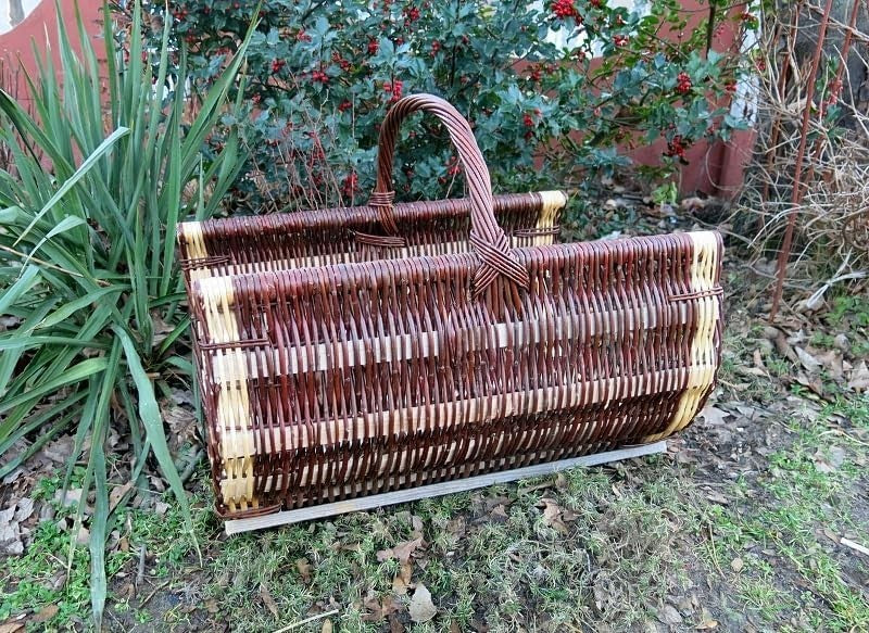 Wicker Log Basket with Handle for Indoor Wood Storage, Rustic Fireplace Holder