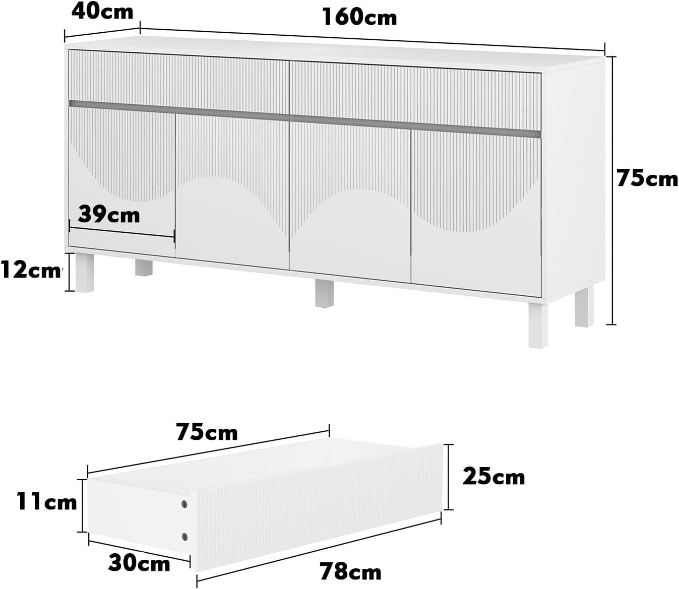 White Sideboard Buffet Storage Cabinet 4 Doors 2 Drawers Modern 160cm