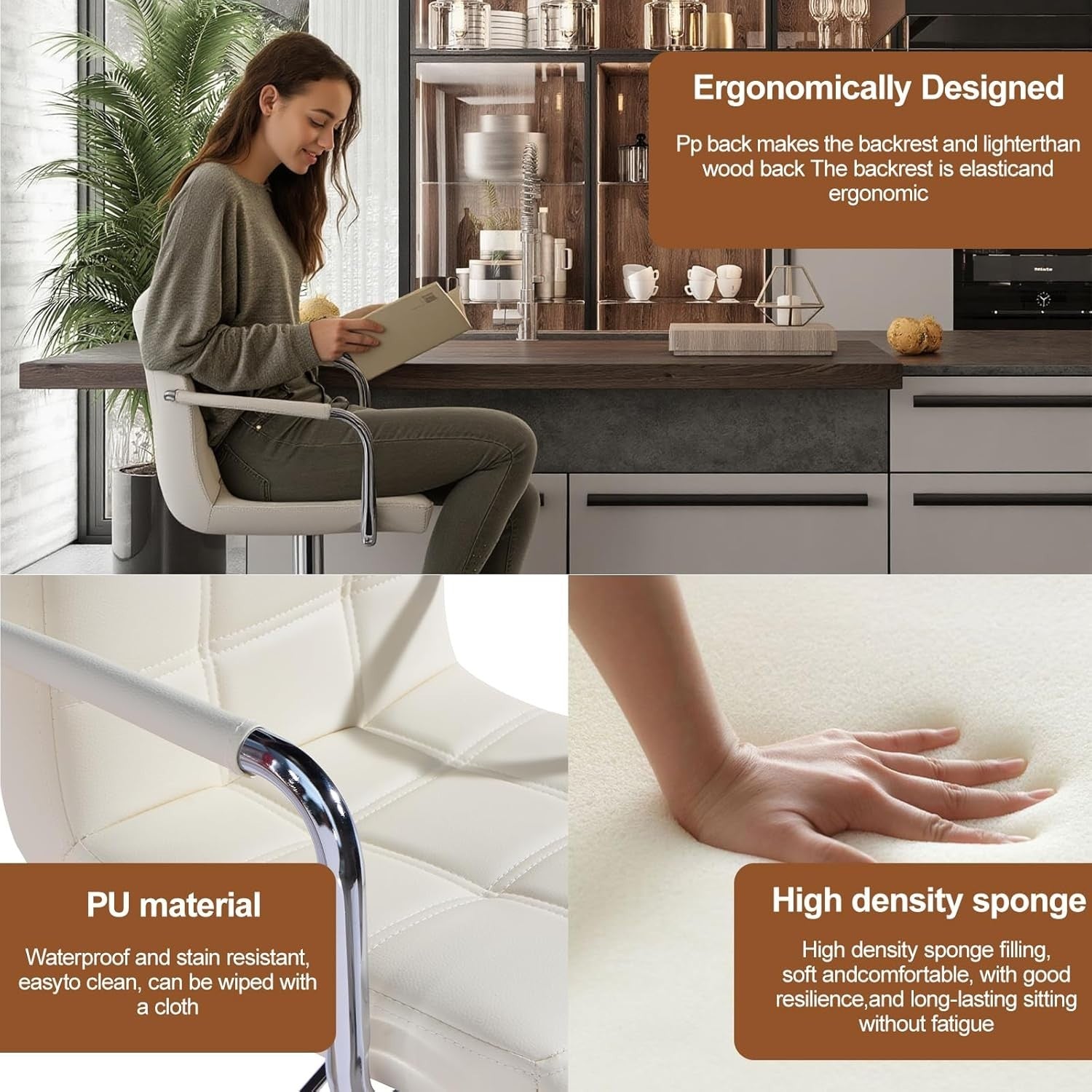 Beige PU Leather Bar Stool Adjustable Height 360° Swivel with Armrest