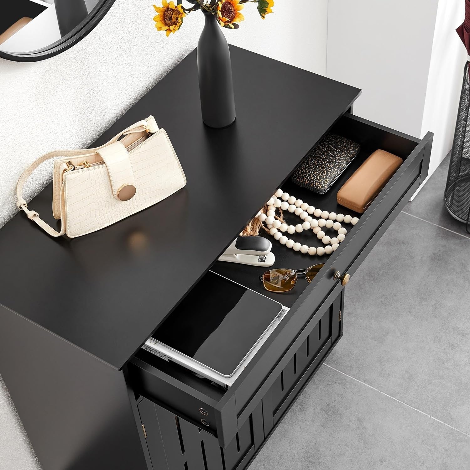 Black Modern Shoe Cabinet with Drawer & Adjustable Shelves – 4 Tier Storage