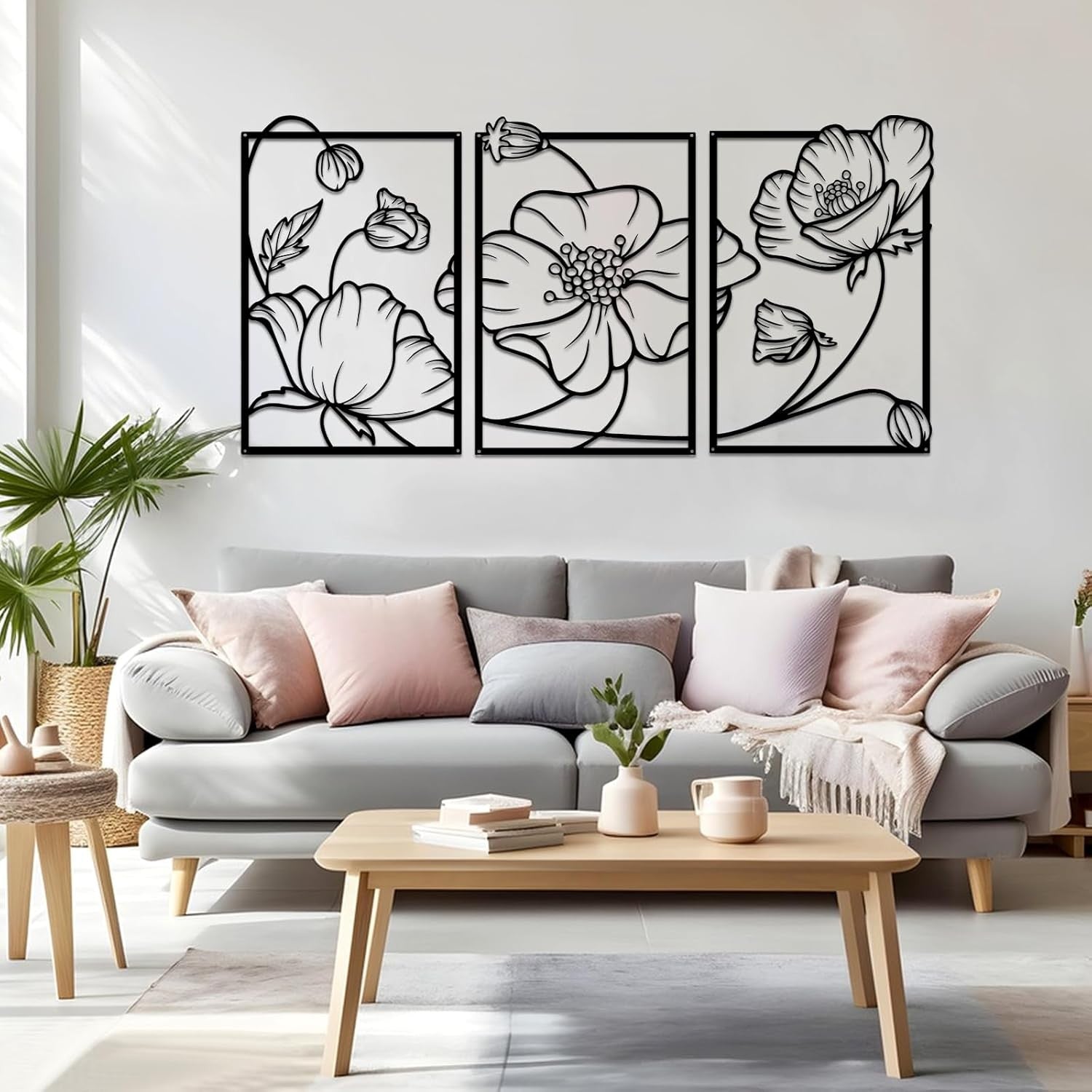 3Pcs Black Metal Flower Wall Art Minimalist Floral Decor