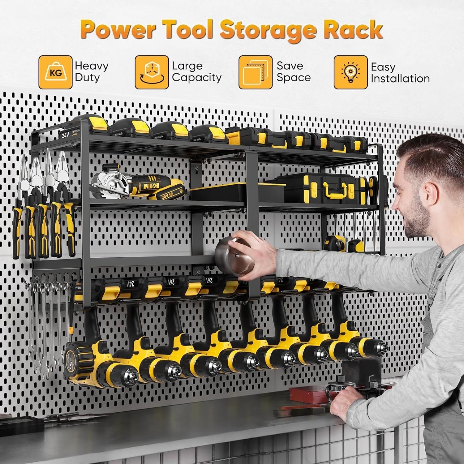 Black 4-Tier Alloy Steel Tool Wall Rack 8 Drill Holder Garage Organizer
