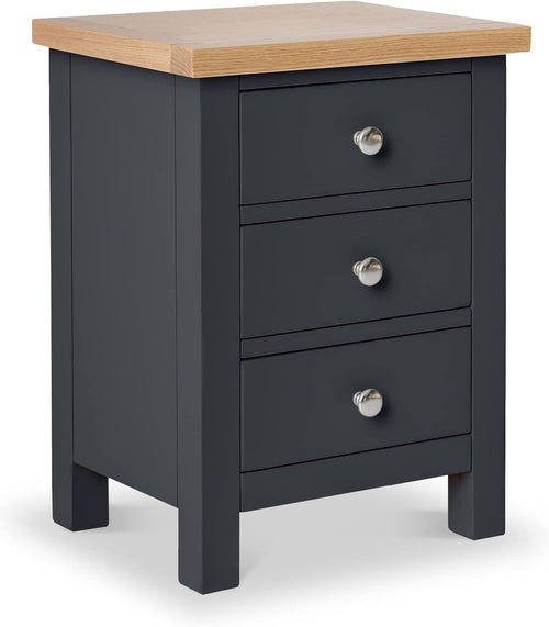 Charcoal Grey 3 Drawer Bedside Table with Solid Oak Top Fully Assembled