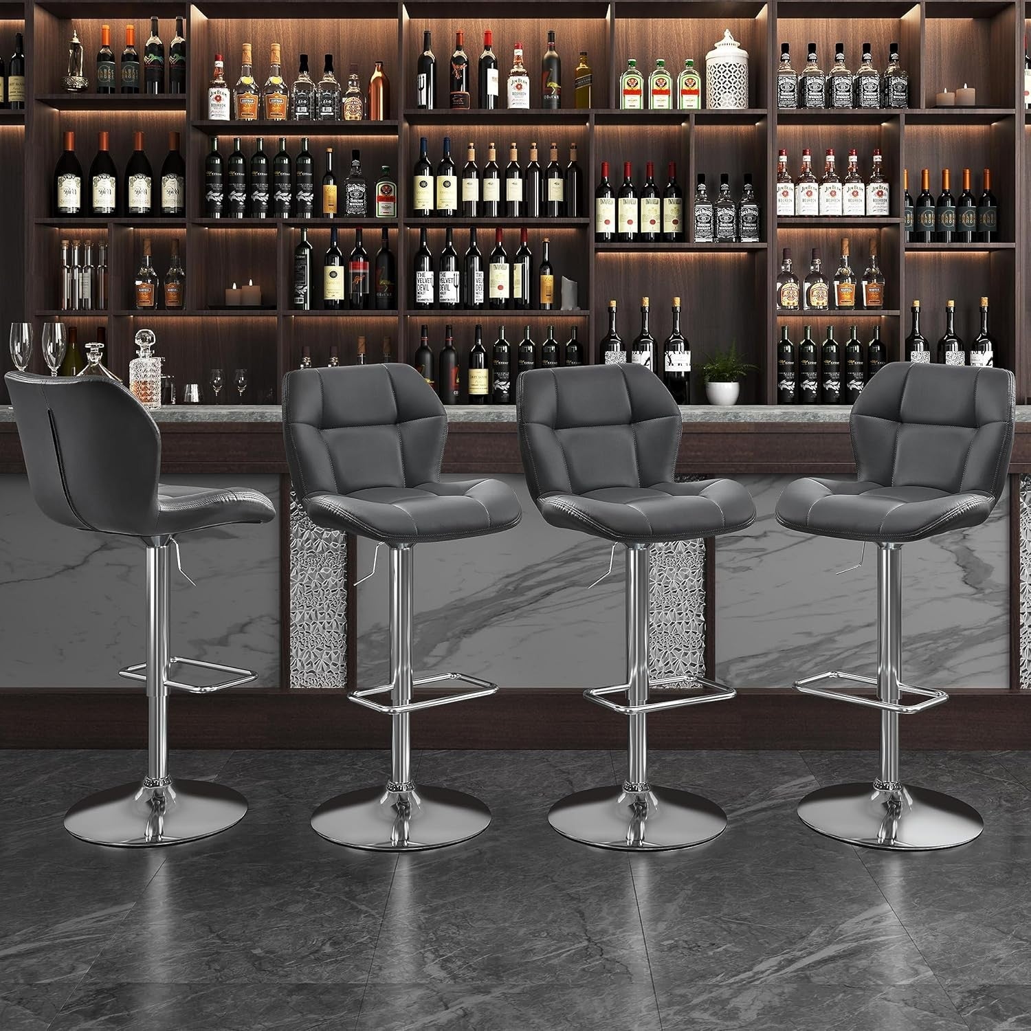 Adjustable PU Leather Bar Stools Set of 4 – Swivel Counter Chairs