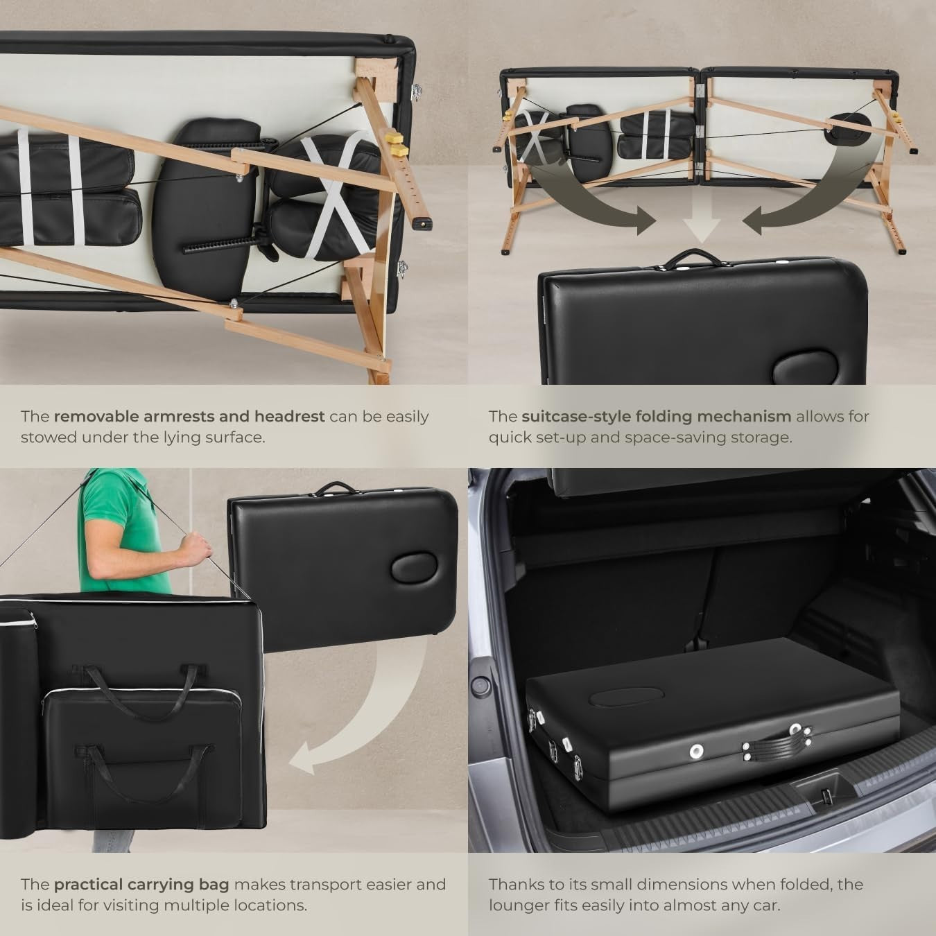 Portable Massage Table Foldable Beech Frame 7.5cm Padded Beauty Bed Black
