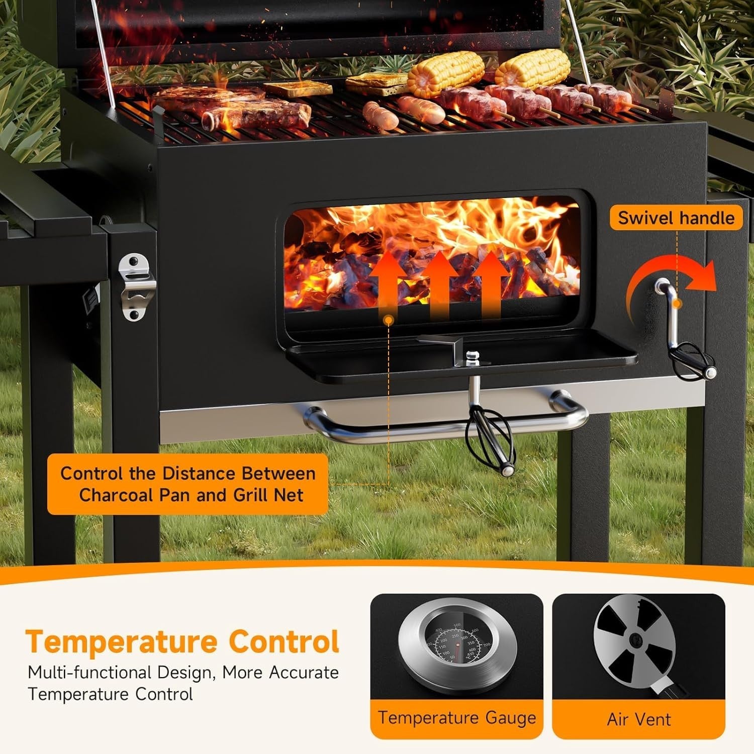 XXL Charcoal BBQ Grill with Wheels & Folding Tables | Thermometer