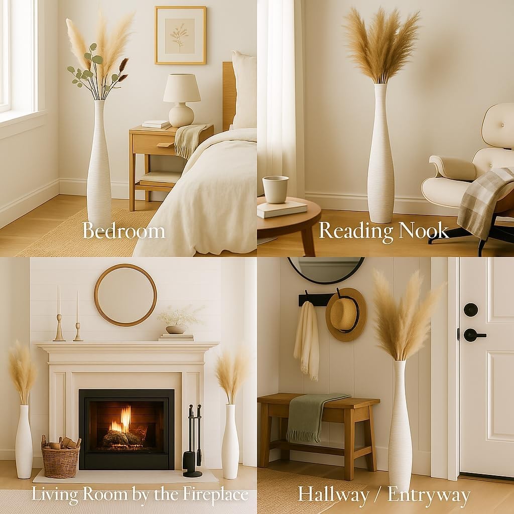Large White Curved Floor Vase 65cm Tall Wooden Decor for Pampas Grass