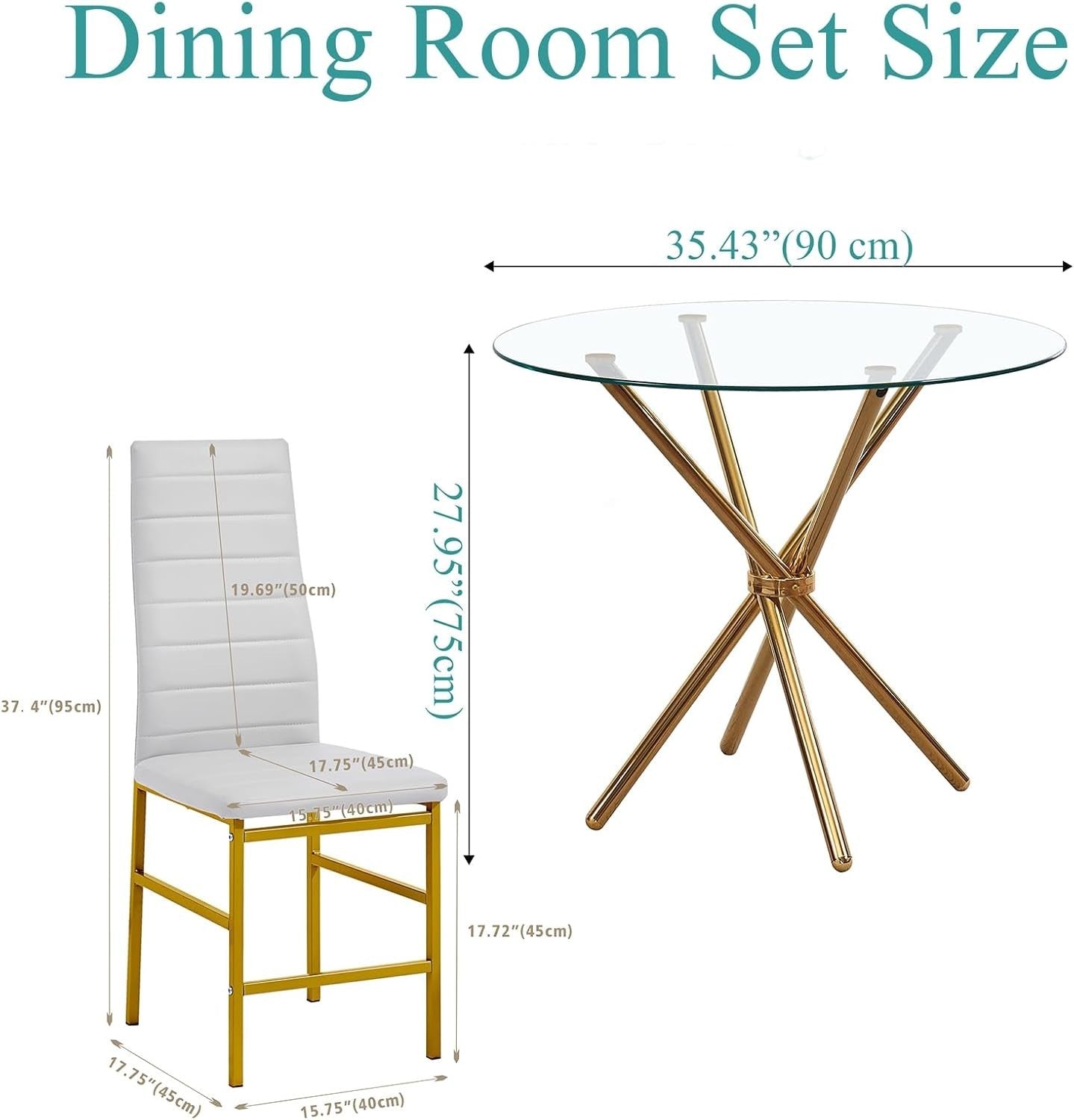 Gold Round Glass Dining Table Set 4 Chairs Faux Leather Compact Design