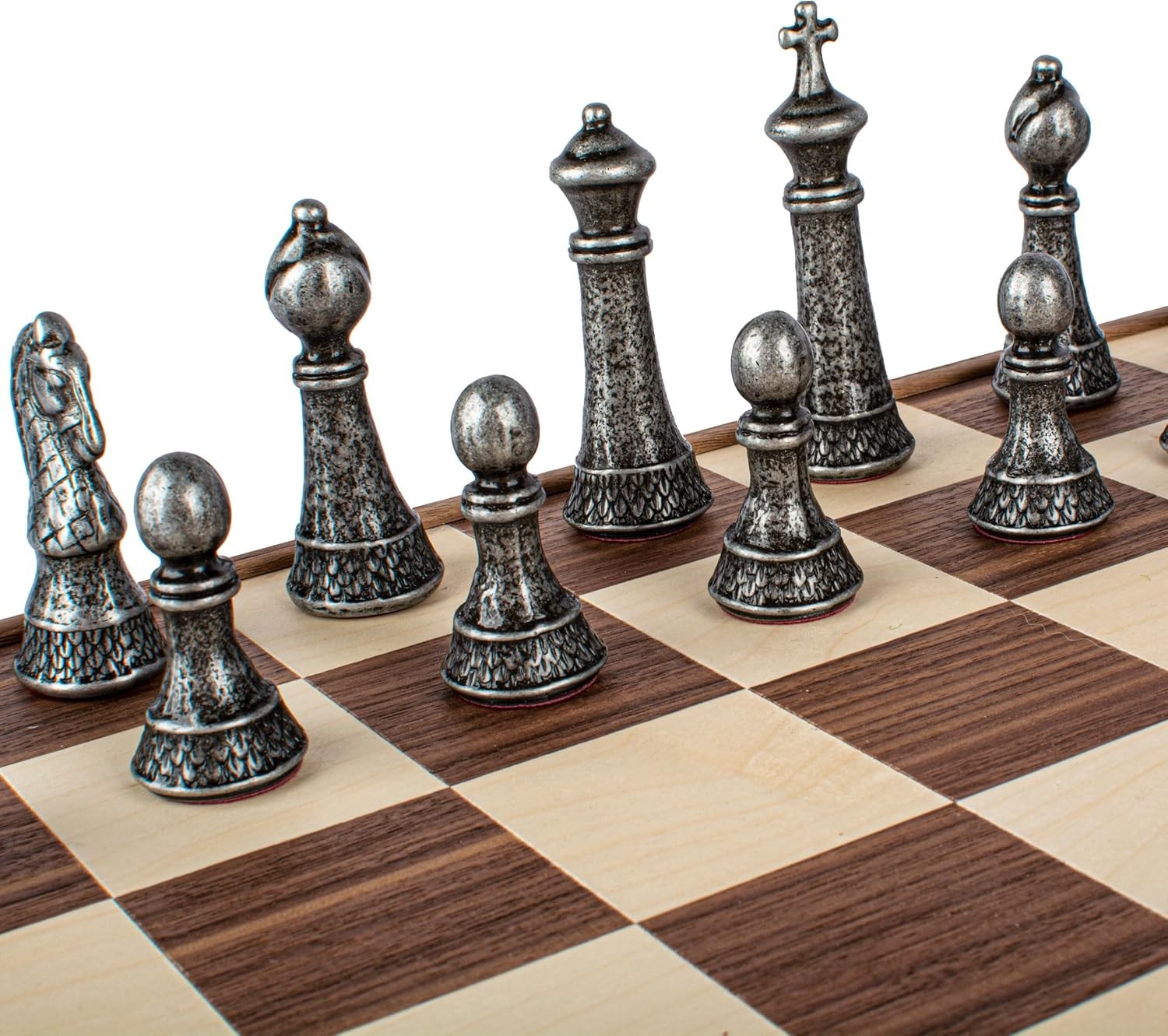 Luxury Brass & Pewter Chess Set 46cm Board | Walnut Wood Storage Box