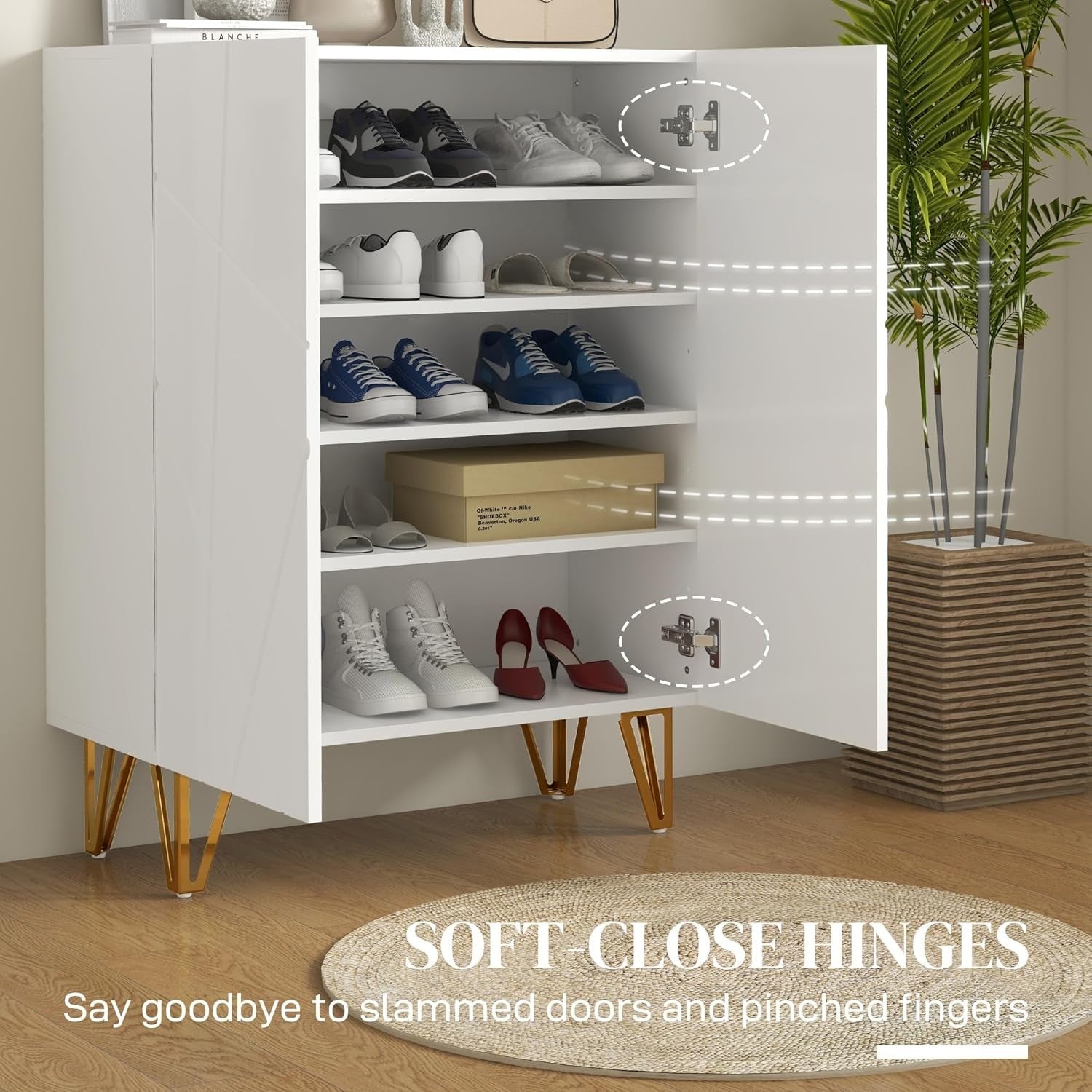 Slim High Gloss Shoe Cabinet with Soft-Close Doors & Adjustable Shelves