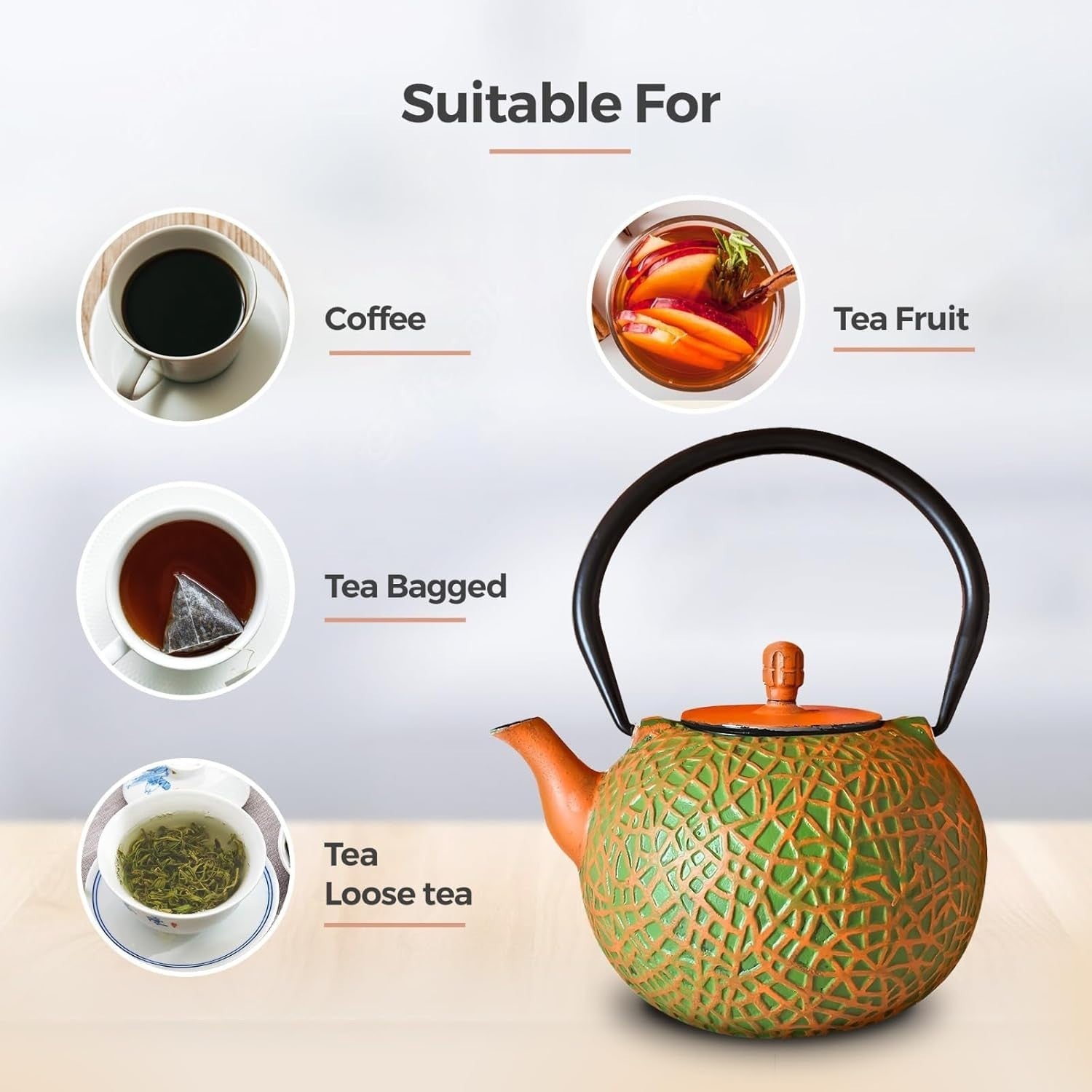 Cast Iron Teapot 800ml Tetsubin Tea Pot w/ Infuser Orange Green