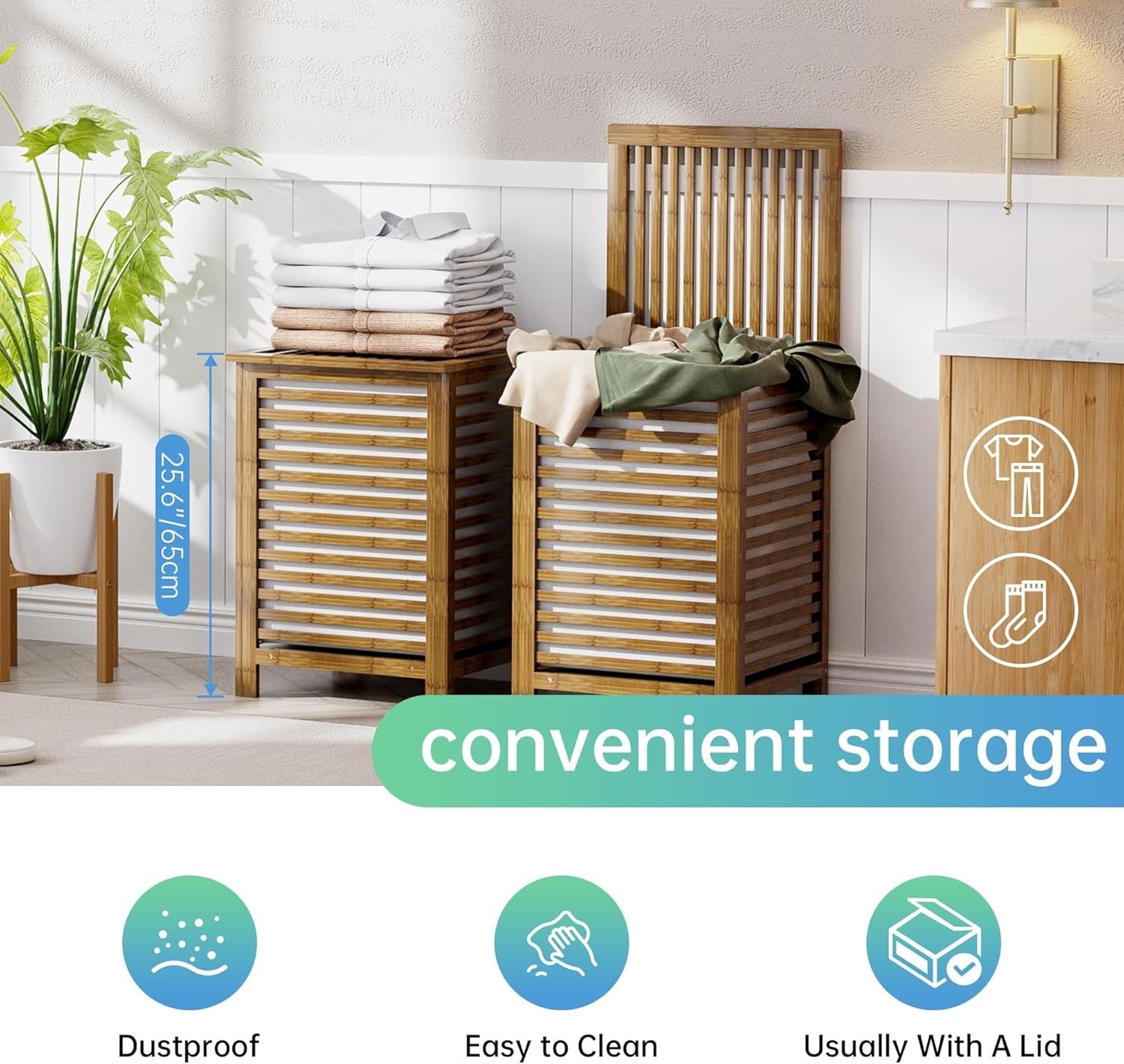 Walnut Bamboo Double Laundry Hamper with Lid 120L 2 Section Basket 47x47x65cm