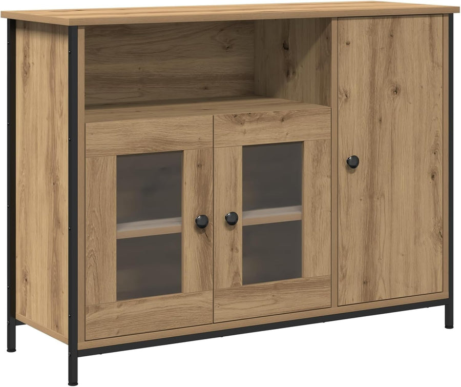 Oak Sideboard Cabinet Glass Doors Storage Unit Modern Wood Buffet Table