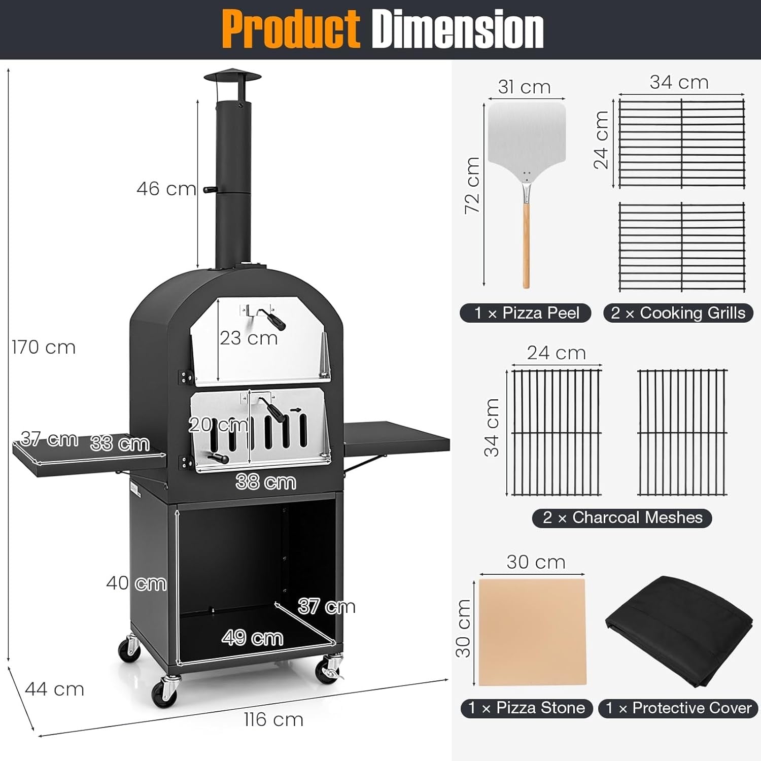 Outdoor Wood Fired Pizza Oven | BBQ Grill w/ Chimney, Shelves, Stone & Cover