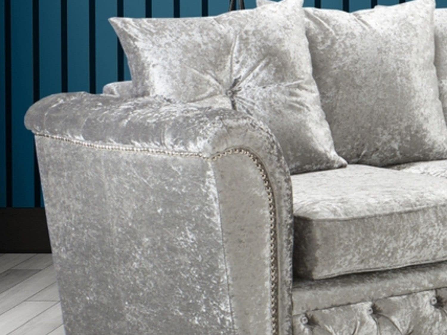 Silver Crushed Velvet 5-Seater Corner Sofa - Plush Cushions & Diamante Detail