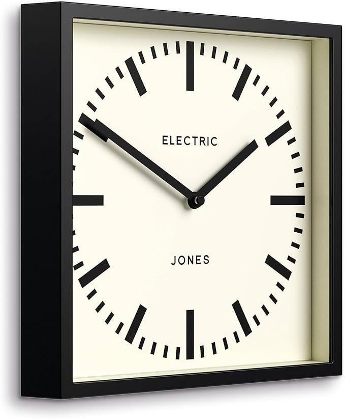 Square 25cm Wall Clock Silent Modern Station Style Black Frame Home Office Decor