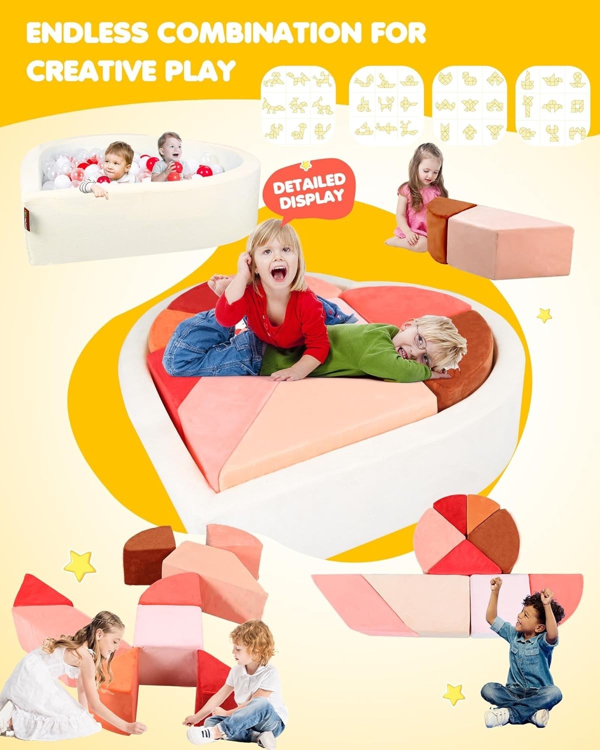 Modular Heart-Shaped Kids Sofa with Ball Pit – Soft Puzzle Play Couch