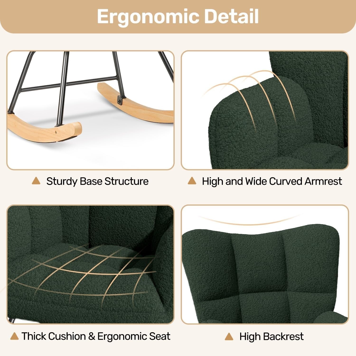 Green Lambswool Rocking Chair with High Back & Armrest - Comfy Nursery Seat
