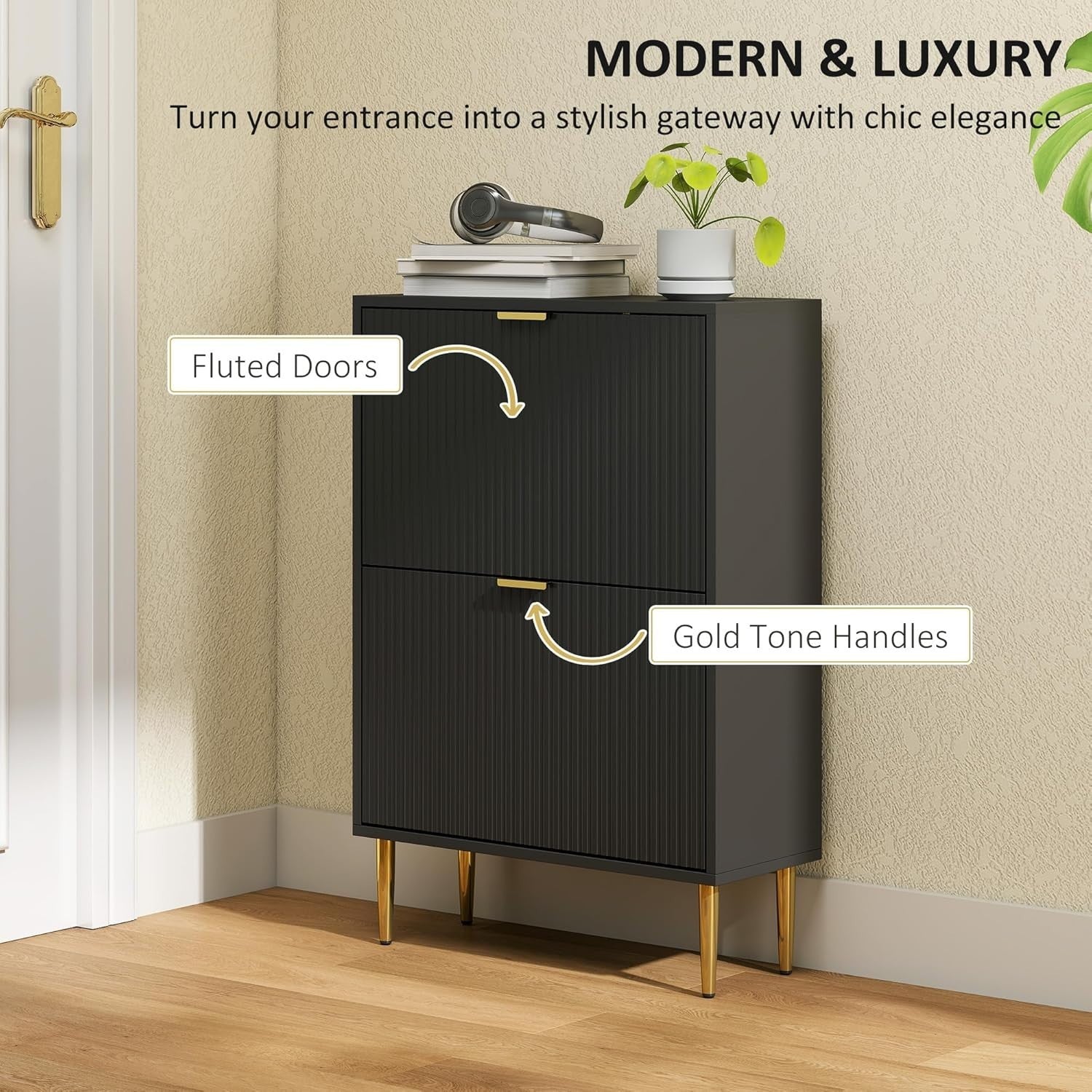 Slim Black Shoe Cabinet 2 Flip Drawers Narrow Hallway Storage Unit 60x24x91.5cm