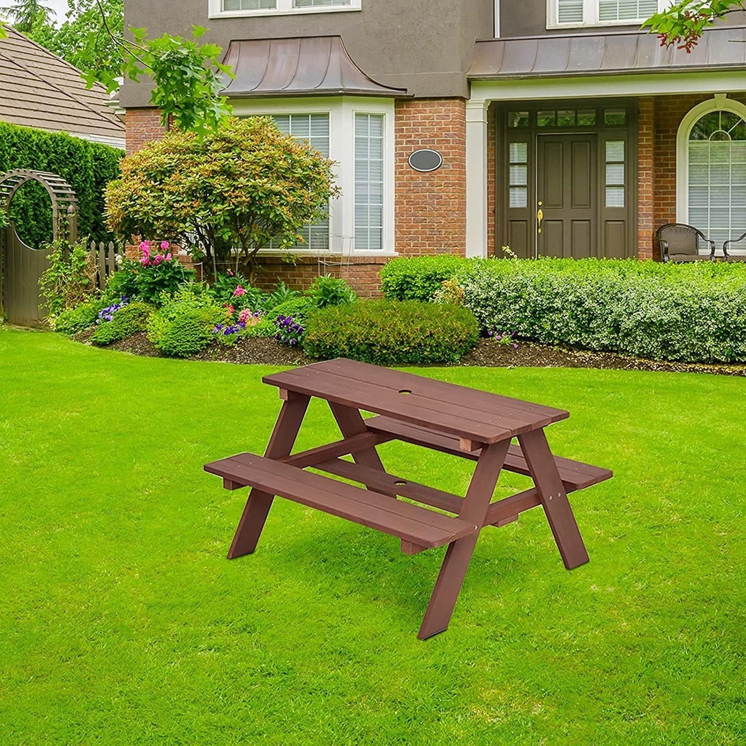 Kids Wooden Picnic Table with Removable Umbrella, Outdoor Bench Set