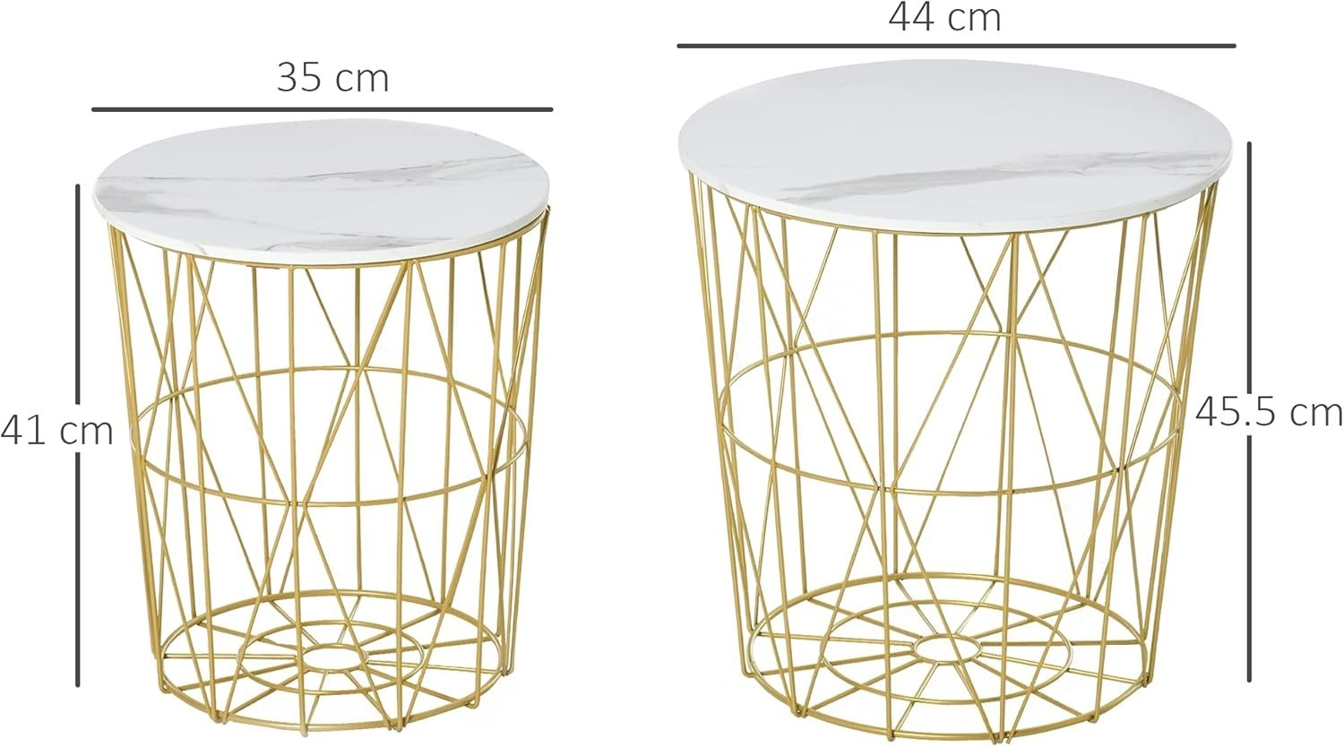 Set of 2 Gold Nesting Side Tables Round Coffee End Table Storage Marble Effect