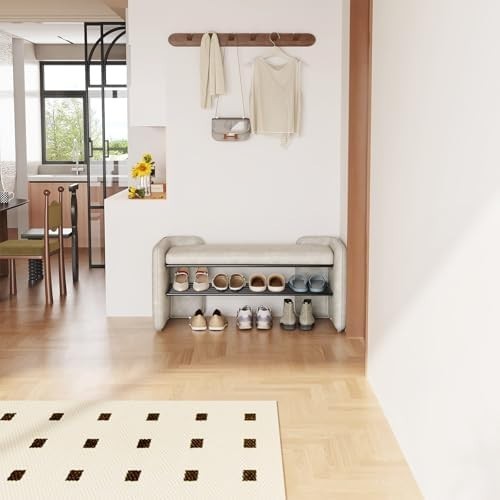 Beige Grey Shoe Storage Bench with Cushion & Open Rack – Modern Hallway Seat