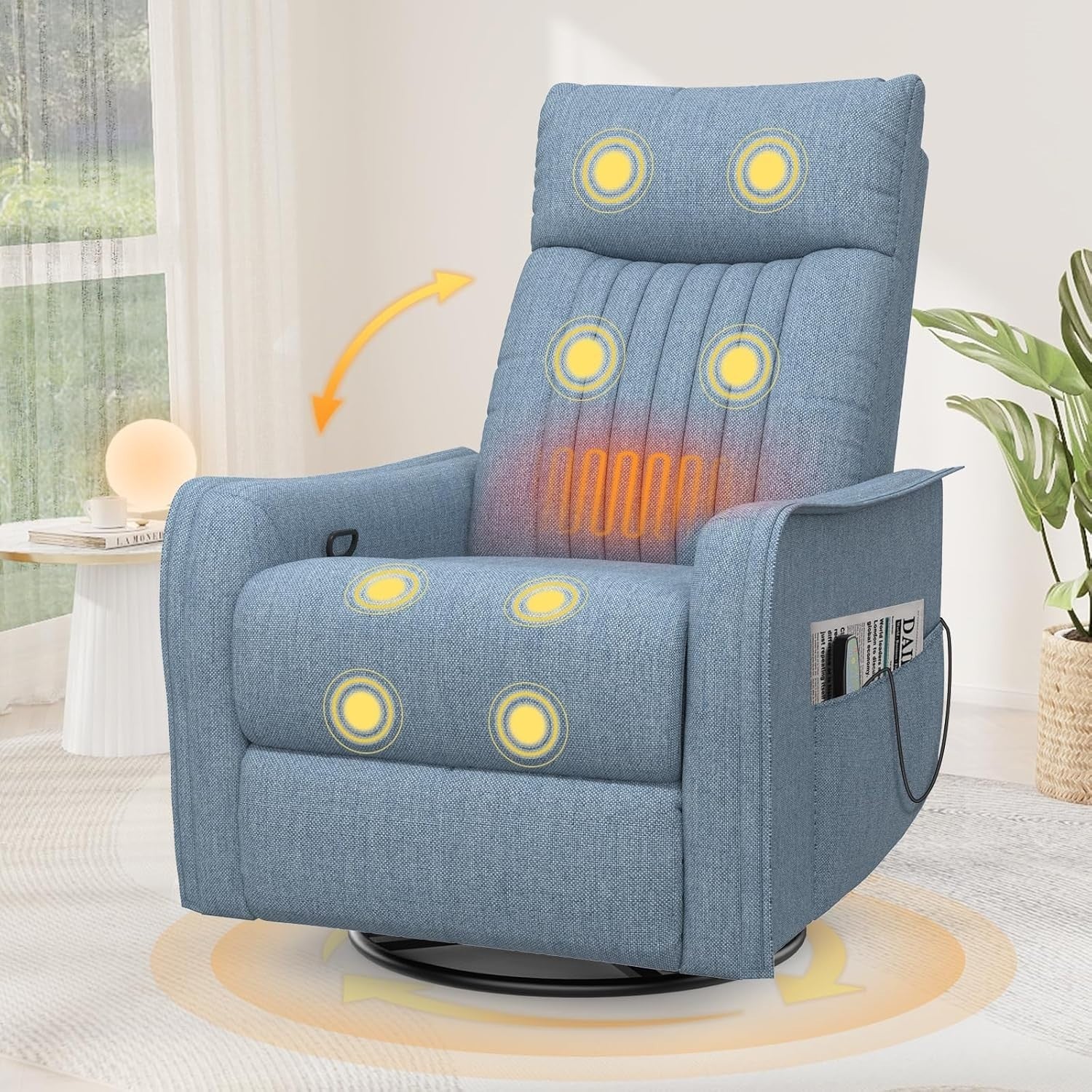 Swivel Rocking Recliner Chair Massage Heat 3-in-1 Footrest Dual Pockets Blue