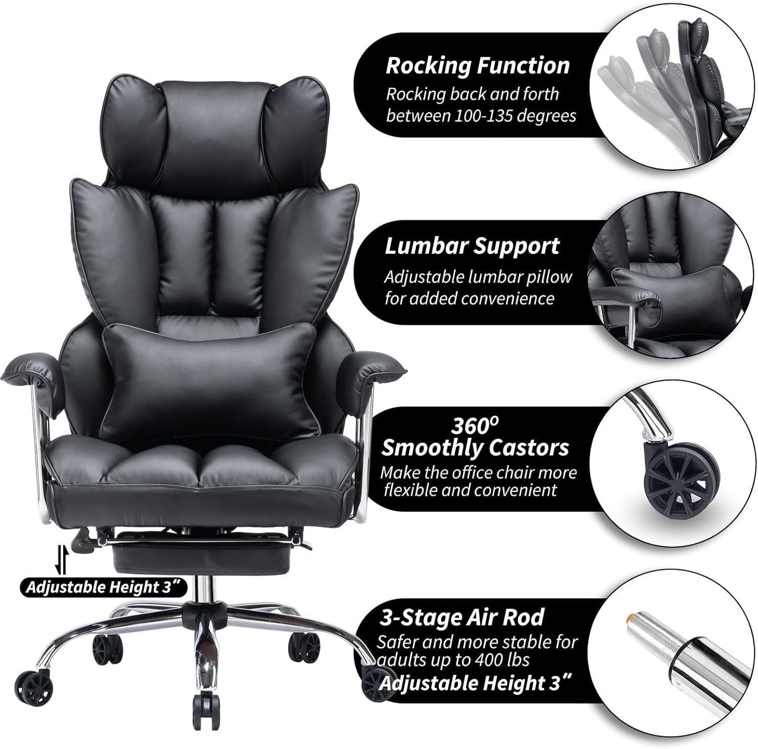 Executive Office Chair Big & Tall Faux Leather Desk Seat Lumbar Foot Rest UK Bla