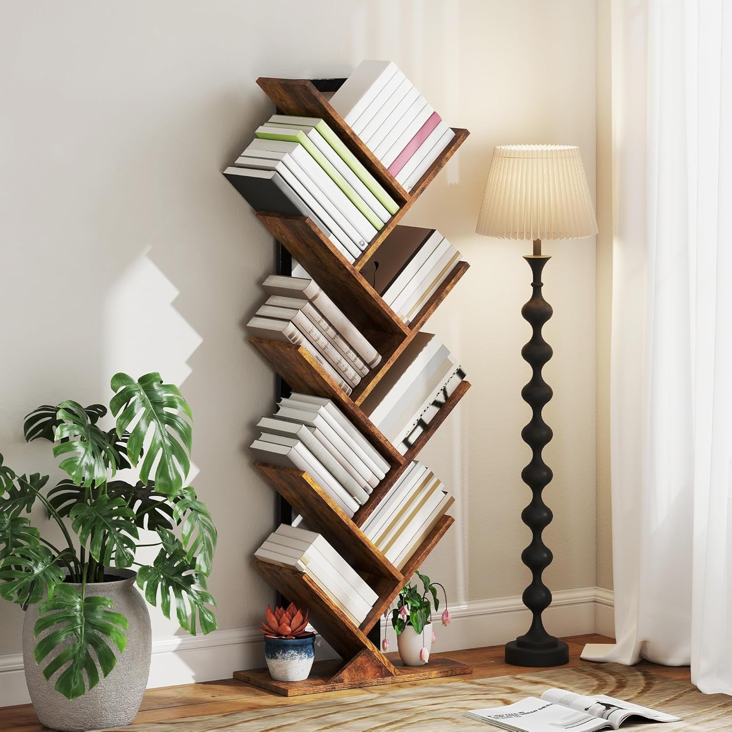 9-Tier Tree Bookshelf Rustic Brown Vertical Bookcase Industrial Space-Saving Uni