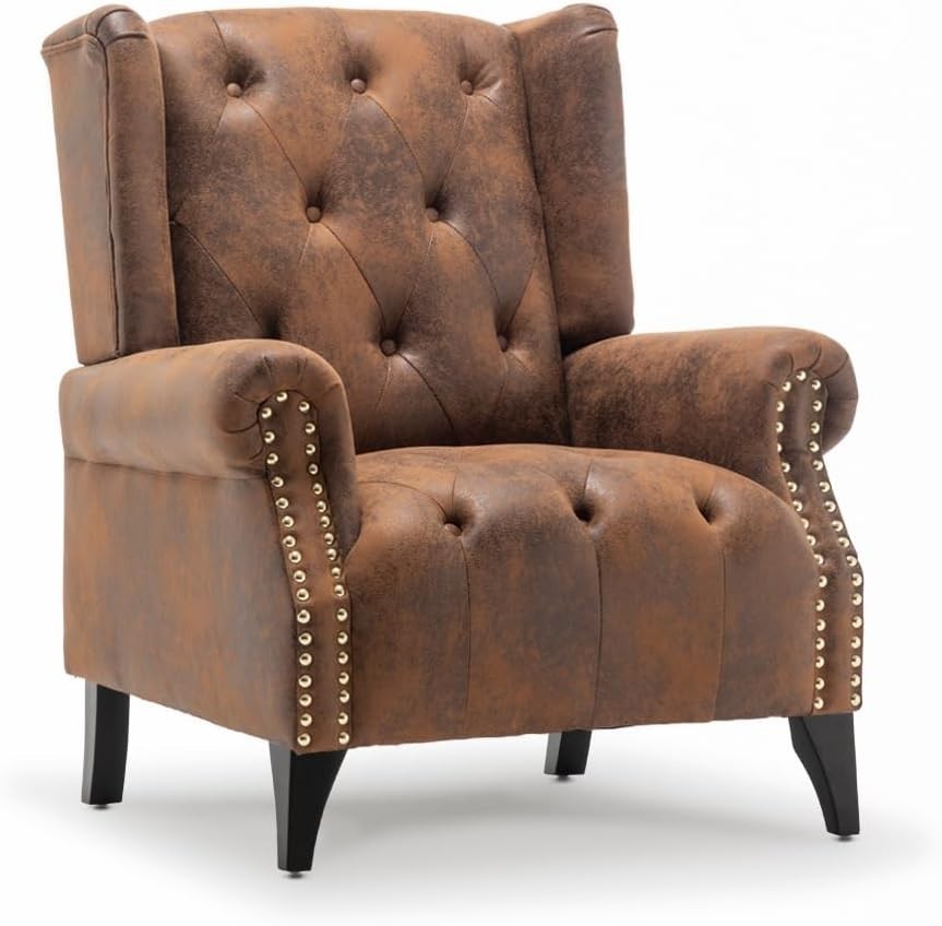 Brown Faux Leather Wingback Armchair Chesterfield Fireside Chair