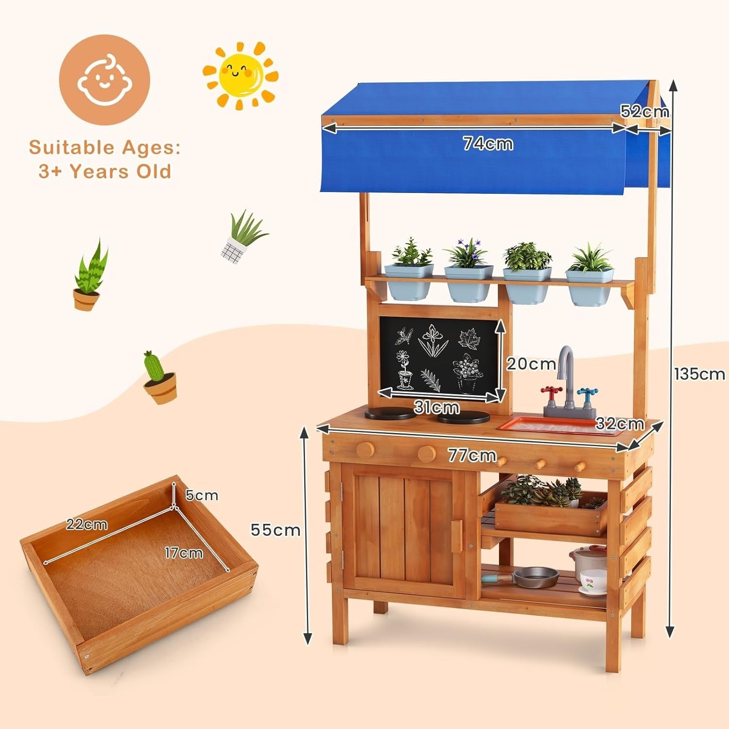 Outdoor Mud Kitchen Kids Playset w/ Canopy Sink Pots Chalkboard