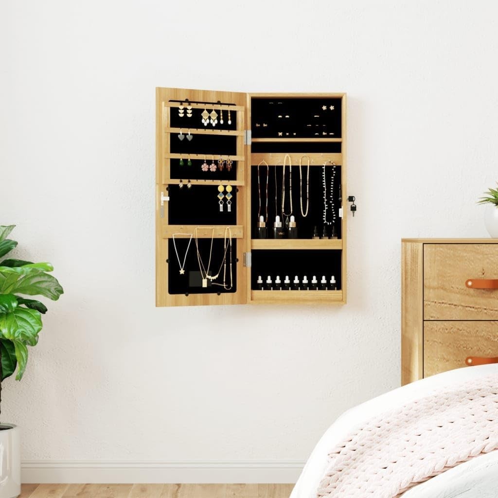 LED Wall Jewelry Organizer Mirror Lockable Slim Cabinet Brown