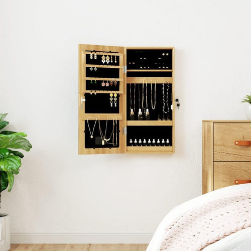 LED Wall Jewelry Organizer Mirror Lockable Slim Cabinet Brown