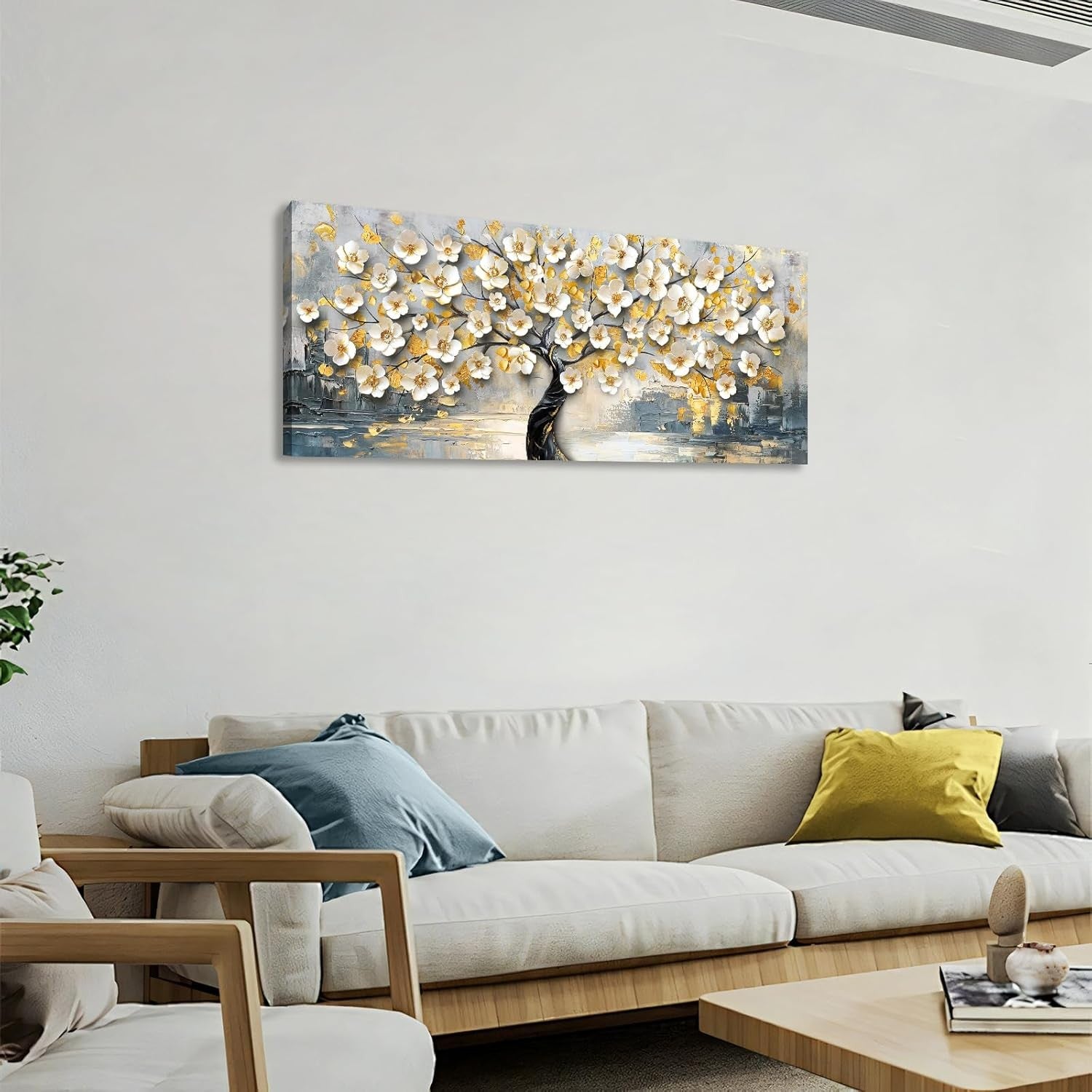 Large Framed Canvas Wall Art White Flower Tree 50x120cm
