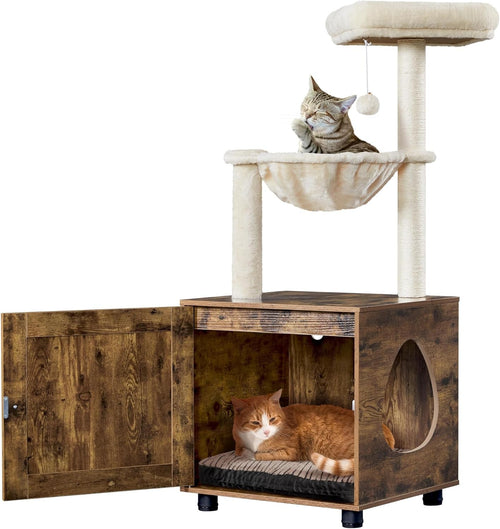Cat Tree with Hidden Litter Box Enclosure Wooden Condo Tower Rustic Beige