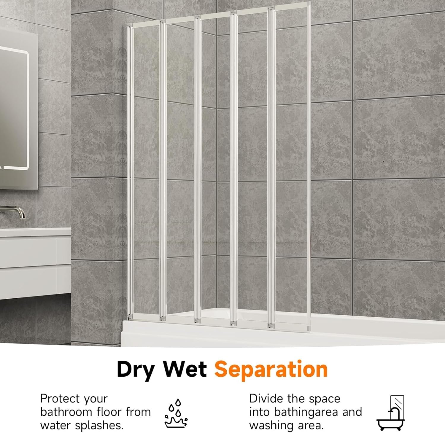 5 Panel Folding Shower Screen 1200x1400mm Tempered Glass Bath Screen Silver