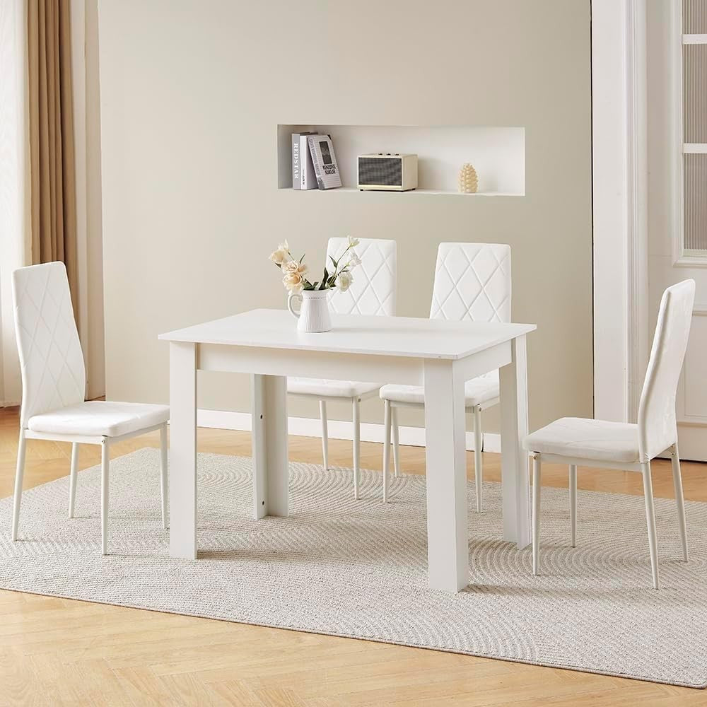 Modern 5-Piece Dining Set White Table White Velvet Chairs Compact Kitchen