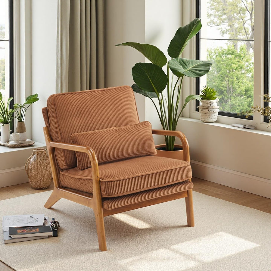 Brown Corduroy Accent Armchair Solid Wood Lounge Chair Wide Arm