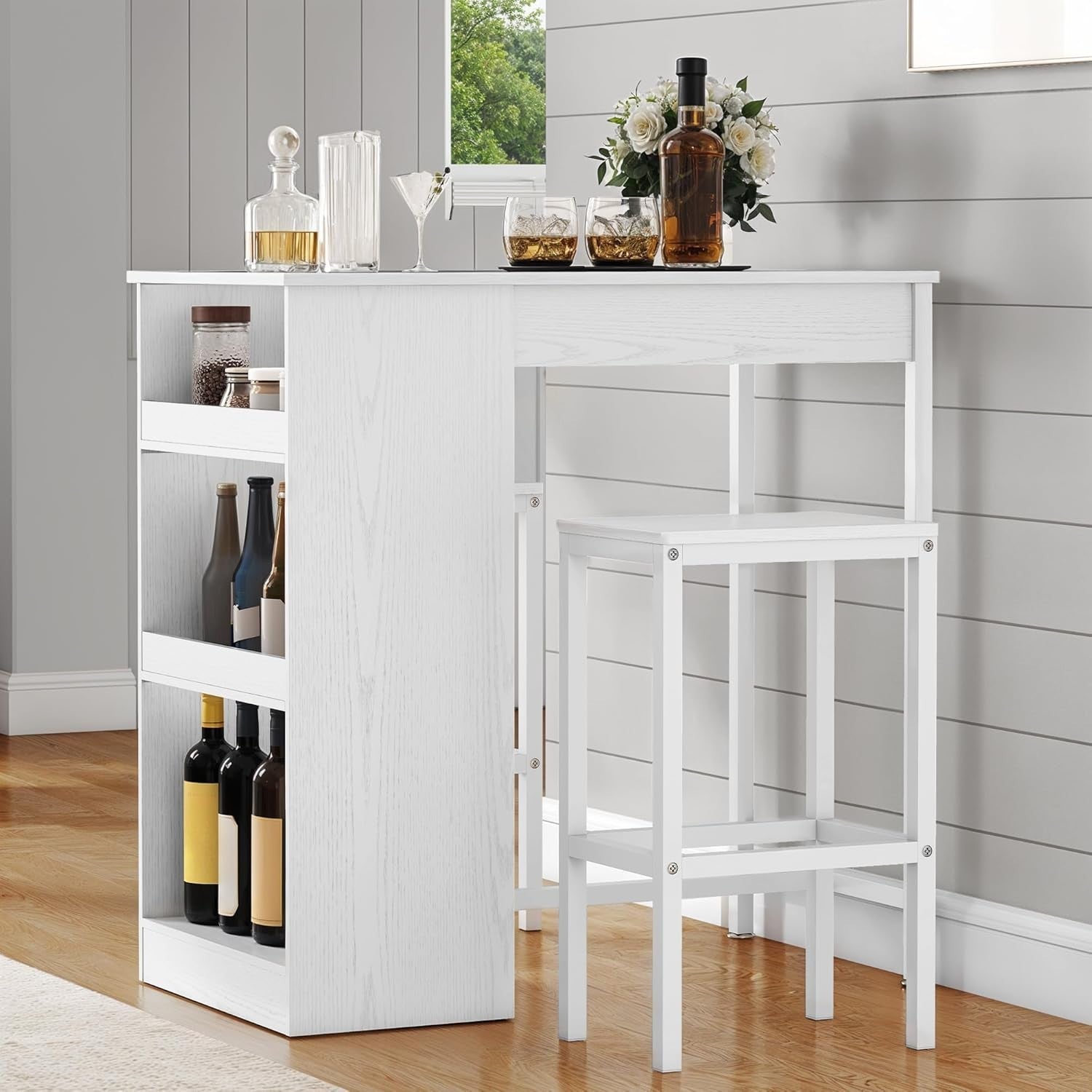 White Bar Table Set with 2 Stools Industrial Wood Top and Storage Shelves