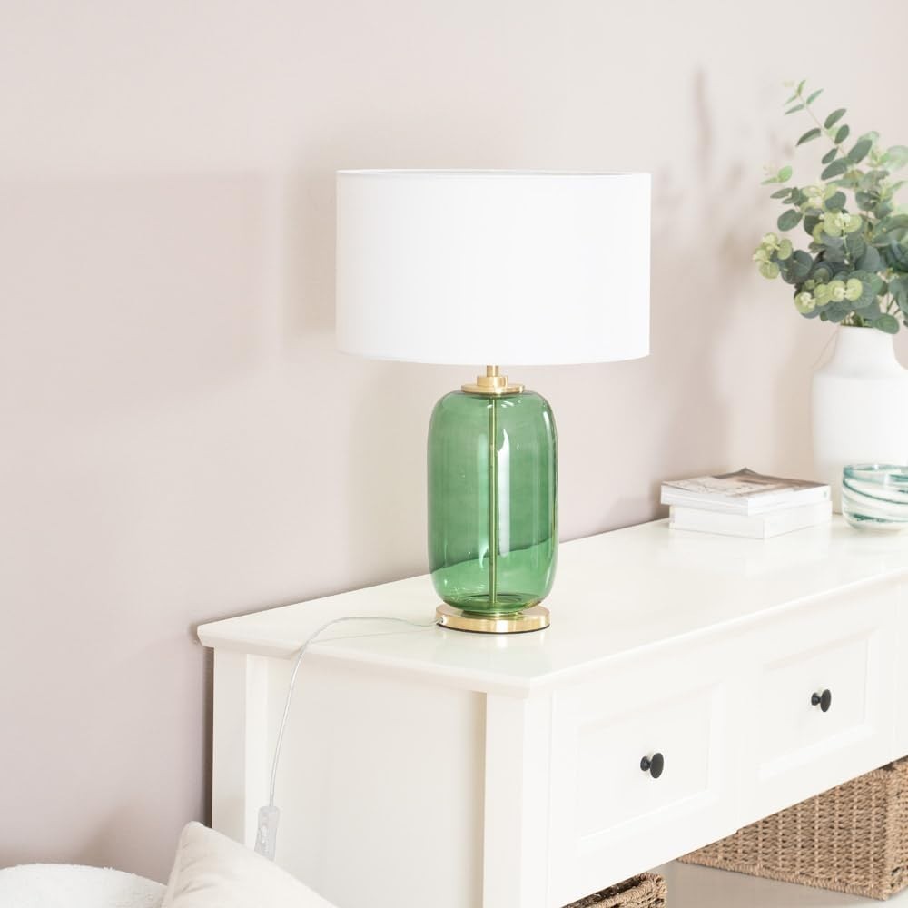 Forest Green Glass Table Lamp Gold Detail White Drum Shade LED Light