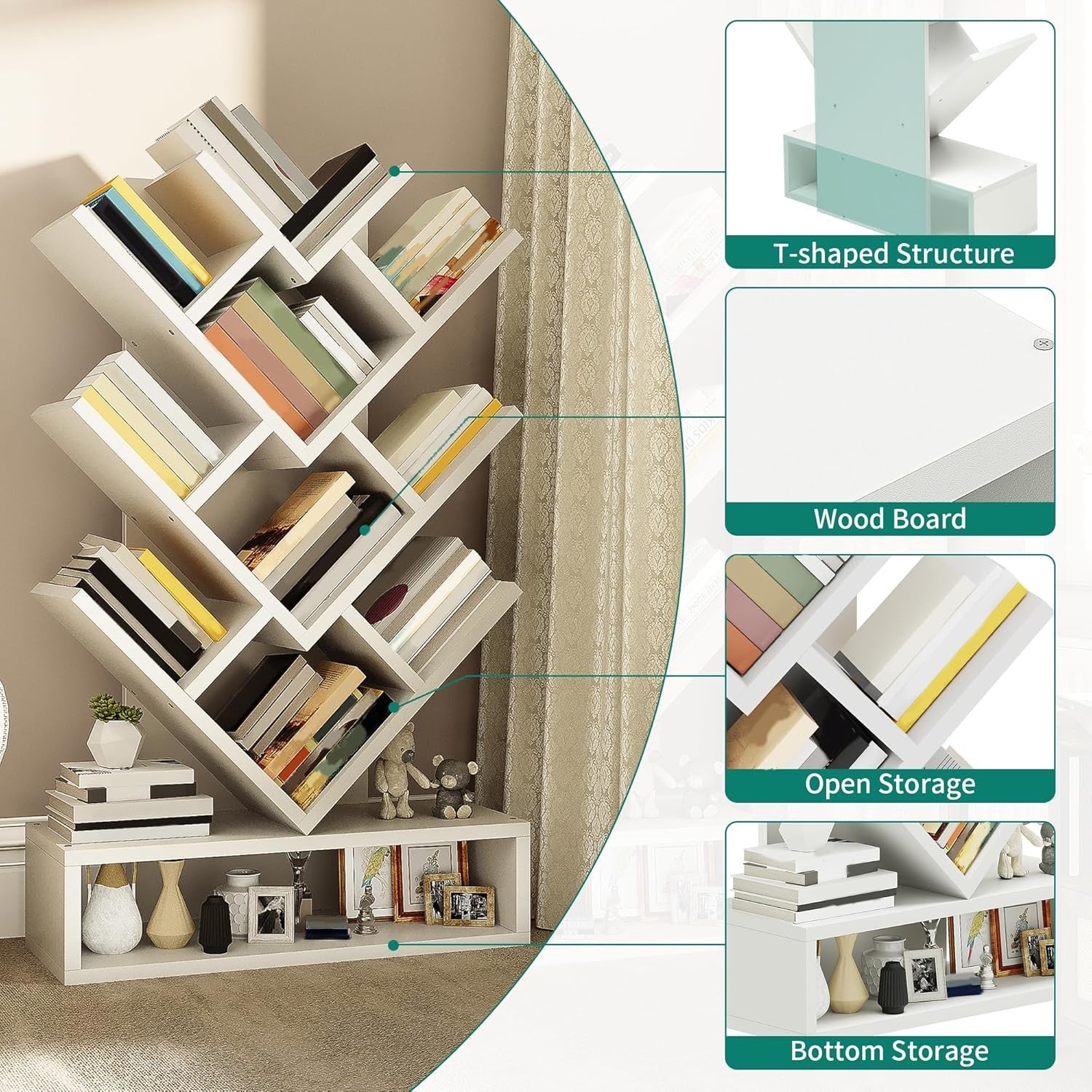 White Tree Bookshelf | 8-Tier Modern Vertical Bookcase for Living Room & Home