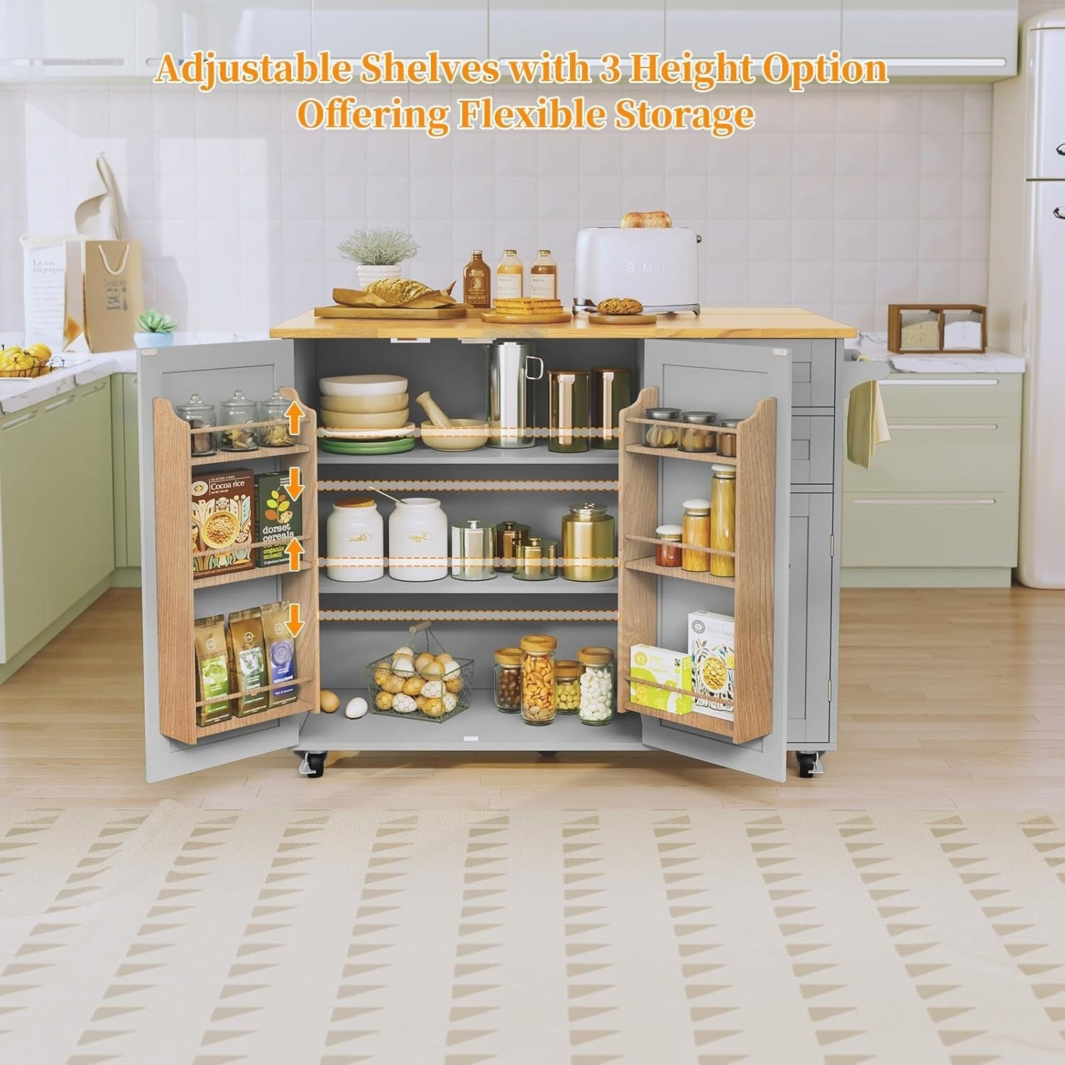 Grey Kitchen Island on Wheels Drop Leaf Cart